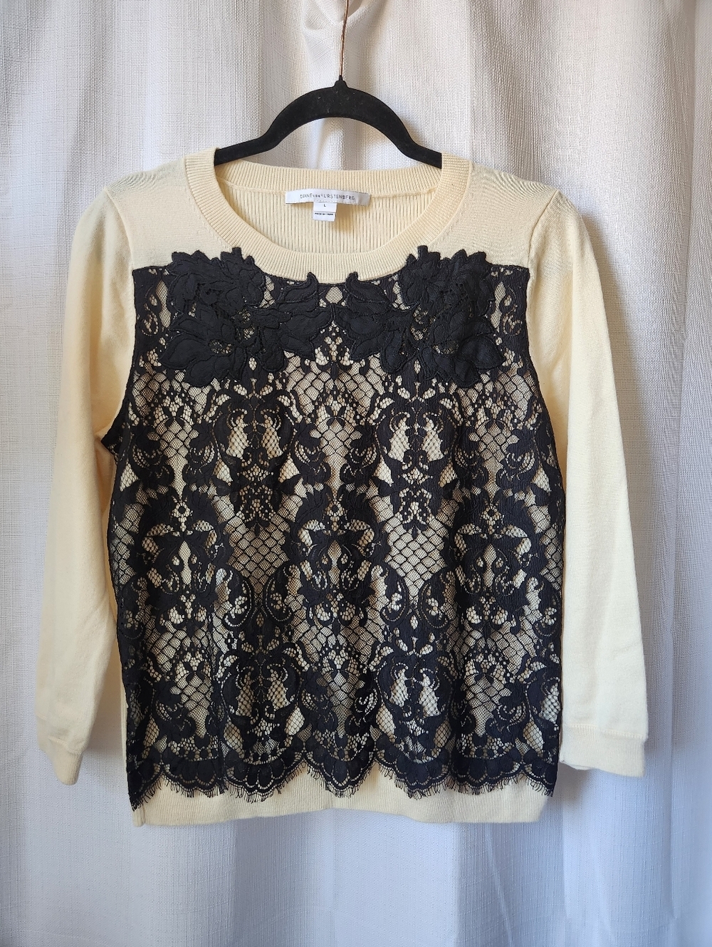 Diane Von Furstenberg Ivory Wool Blend Long-Sleeve Top Black Lace Overlay Size L - Picture 3 of 8